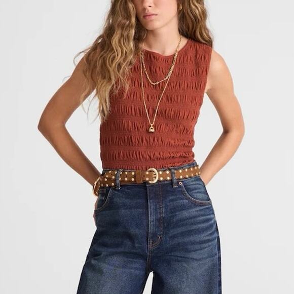 Madewell Tops - NWT Madewell Smocked Boatneck Tank Cotton-Linen Blend Henna Rust Size Large